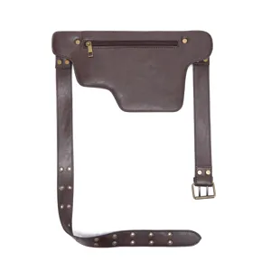 Riñonera de moto vintage en cuero PU marrón con cinturón de hebilla ajustable y ojetes