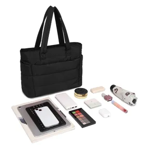Detailed view of quilted travel tote bag showing large capacity with daily essentials