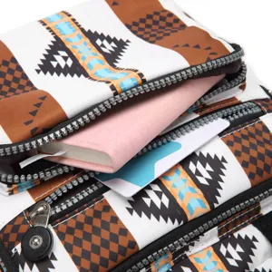Primer plano de mochila con diseño azteca mostrando compartimentos y capacidad de guardado