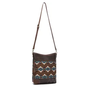 A detailed view showing the Bohemian Aztec pattern on this vintage brown crossbody bag