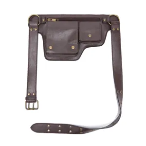 Riñonera vintage de cuero marrón para moto con correas ajustables y varios bolsillos.