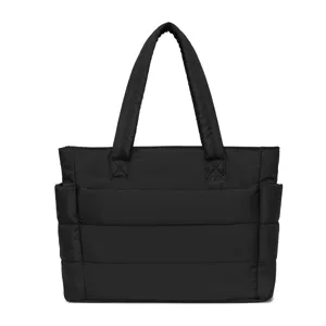 Black quilted puffer tote bag with spacious side pockets for travel gym and daily use