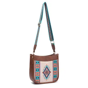 Bolso bandolera bohemio con estampados geométricos retro y correa ancha ajustable