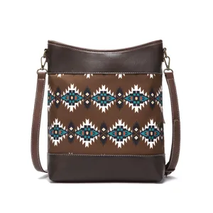 Detail shot of a bohemian Aztec print crossbody bag with brown faux leather trim