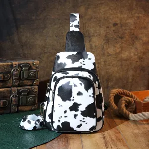 Western Retro Cow Print Chest Bag For Women Bohemian PU Leather Small Crossbody Bag Printed Wide Strap Zipper Shoulder Bag