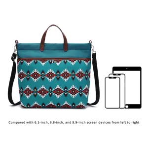 Aztec pattern laptop tote bag size comparison with 6.1, 6.8, and 8.9 inch devices