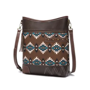 Vintage Bohemian Aztec print crossbody bag featuring stylish tassel and stud details.