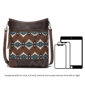 Detailed view of bohemian Aztec print crossbody bag with size comparison to mobile devices