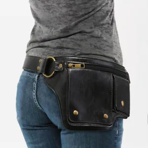 Riñonera retro de cuero negro estilo motero en la cadera para deporte al aire libre
