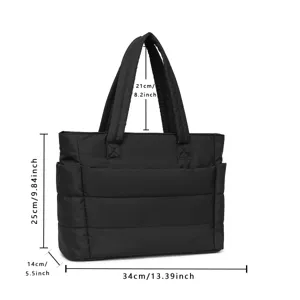 Detailed size diagram of black quilted tote bag with measurements in cm and inches