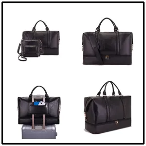 Juego de bolsos de viaje de cuero sintético negro con bolso de lona grande
