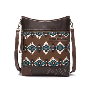 Detailed close-up of Bohemian Aztec print and brown faux leather on vintage crossbody bag