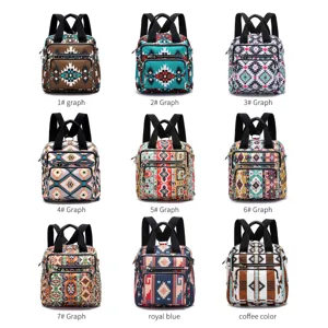 Colección de nueve mochilas de estilo azteca y bohemio de gran capacidad para mujer.