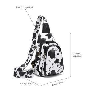 Vintage cow print sling bag for women with dimensions 28.5x20x6.5cm shown in detail