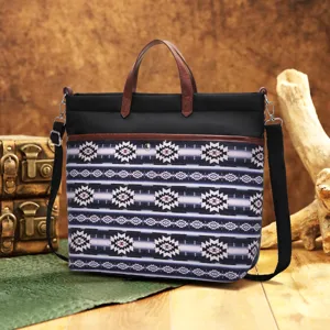 Detail view of a retro Aztec print waterproof laptop tote with crossbody strap.