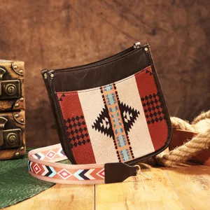 Bolso bandolera boho vintage con estampado geométrico étnico y correa ancha tejida