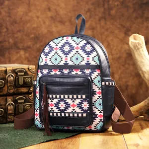 Ethnic Aztec pattern backpack with tassel detail in a vintage room setting.