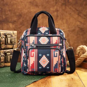 Vista detallada de mochila estilo bohemio azteca con patrones geométricos y bolsillos