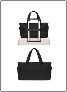 Detail view of black quilted travel tote bag showing trolley sleeve functionality