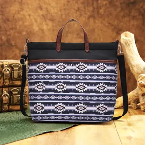 Detailed view of retro Aztec pattern laptop crossbody bag with leather handles vintage