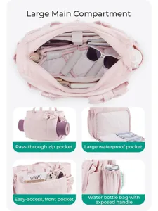Dettaglio della borsa da viaggio trapuntata rosa con varie tasche funzionali e vani.