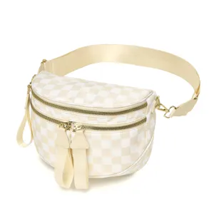 Bolso bandolera de tela oxford a cuadros crema y blanco con cremalleras doradas