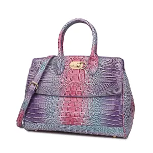 Borsa a mano vintage con stampa coccodrillo sfumata e chiusura dorata con manici
