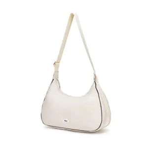 Bolso de hombro acolchado color crema en forma de media luna con textura de plumón