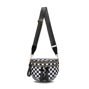 Bolso bandolera de moda en tela Oxford a cuadros para mujer con correa ancha negra