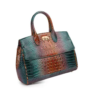 Vista dettagliata della texture coccodrillo multicolore su una borsa retrò con ali.