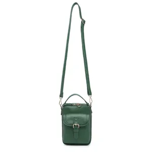 Bolso bandolera verde oscuro de cuero granulado para móvil con correa ajustable.