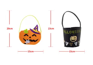 Detailansicht der Maße für orangefarbene Kürbis- und schwarze Halloween-Filztüten.