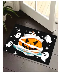 Halloween doormat featuring a mummy pumpkin and white ghosts on black background