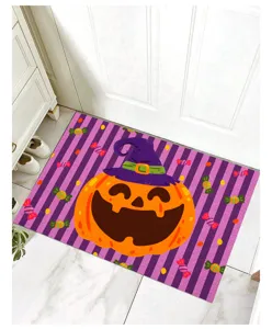 Halloween doormat with smiling pumpkin and purple witch hat design in home entryway