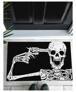 Gothic style skeleton doormat featuring a revolver graphic for Halloween home decor