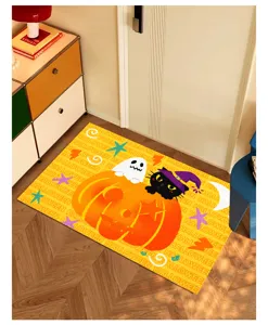 Detailed view of Halloween pumpkin doormat featuring ghost and black cat graphics