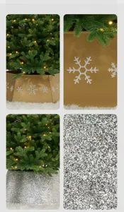 Detailed close-up view showing gold snowflake and silver glitter Christmas tree base covers.