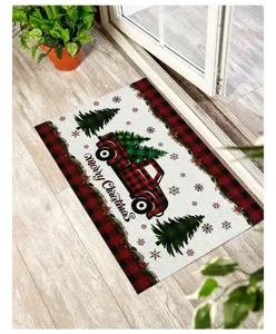 Detailed shot of a festive Christmas plaid truck doormat in a home entrance setting