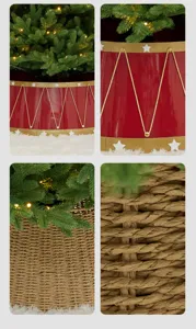 Close-up detail of festive red metal drum and woven rattan Christmas tree collars
