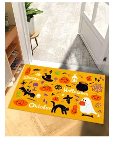 Vibrant yellow Halloween doormat with spooky pumpkin and ghost illustrations