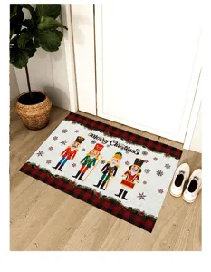 Decorative Christmas nutcracker door mat with red plaid border in a home entryway