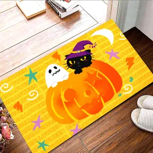 Halloween Cartoon Pumpkin Door Mat Absorbent Non-Slip Recyclon Brushed Fabric Floor Mat For Entrance Bathroom Porch Home Decor