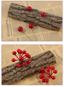 High simulation artificial red berries on wood bark for Christmas decor and photo props