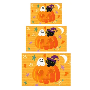 Cute cartoon Halloween doormats set featuring pumpkin, ghost and cat designs in three sizes
