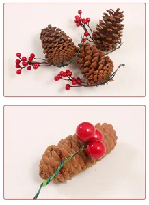 Detailed macro shot of artificial pine cone and red berries for Christmas home decoration.