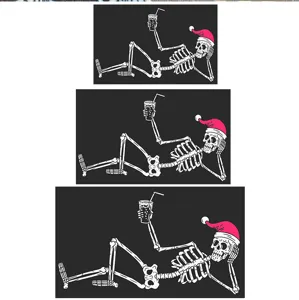 Cartoon skeleton wearing a pink Santa hat on a black floor mat for Halloween home decor