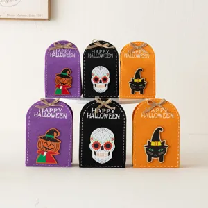 Halloween Bolsas de Regalo de Dulces de Tela Flocada Calabaza Calavera Gato Negro Cajas de Fiesta Con Decoración de Lazo
