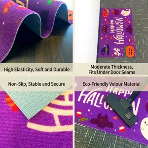 Purple Halloween themed anti-slip doormat with Happy Halloween text and ghost patterns