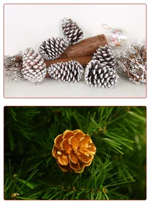 Primer plano de piñas naturales doradas y nevadas para decoración artesanal de Navidad