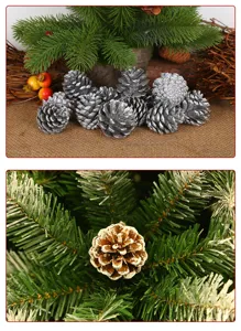 Detalle de piñas de plata decorativas y piñas escarchadas naturales para manualidades DIY